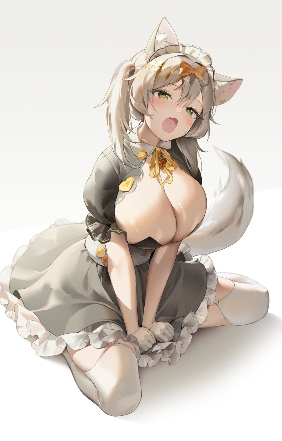 animal_ears choyeon maid nekomimi no_bra open_shirt stockings tail thighhighs