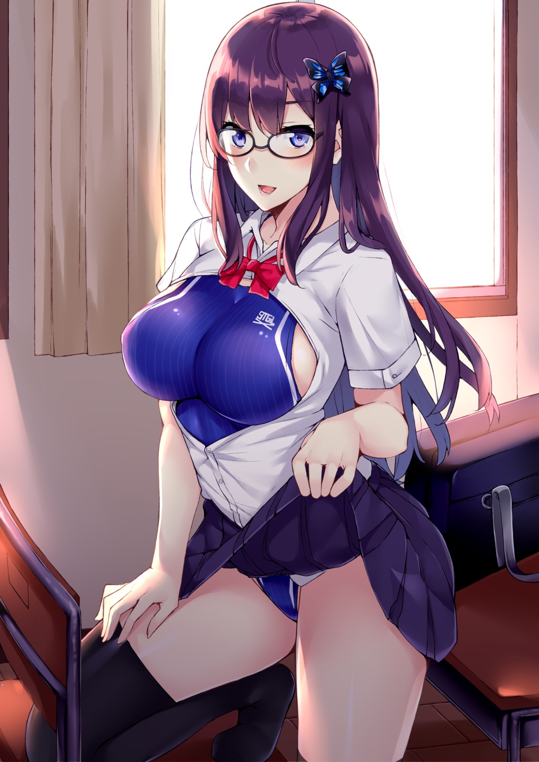 kaeru_no_ashi megane open_shirt seifuku skirt_lift swimsuits thighhighs