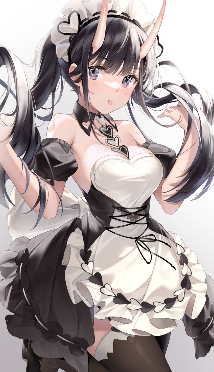 azur_lane horns maid no_bra noshiro_(azur_lane) stockings thighhighs uosaasou