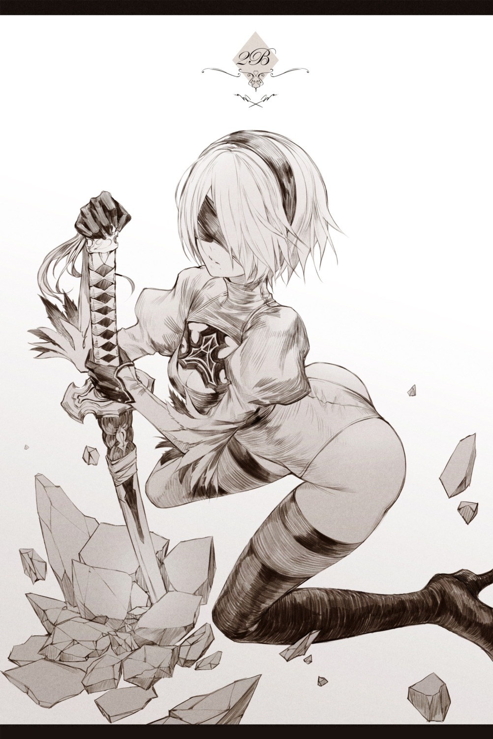 cleavage dress heels leotard monochrome nier_automata sword thighhighs wanke yorha_no.2_type_b