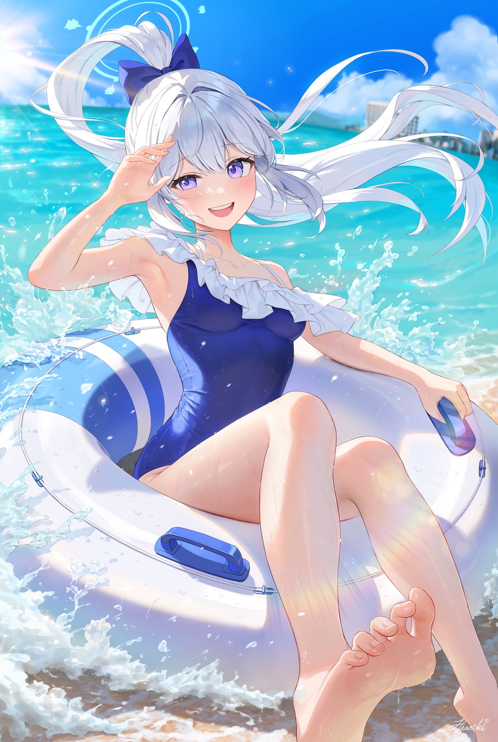 blue_archive feet halo heartki swimsuits tsukiyuki_miyako wet