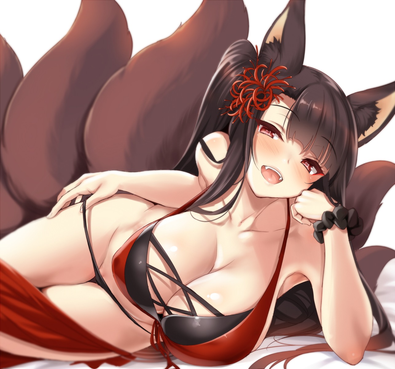 akagi_(azur_lane) animal_ears azur_lane bikini cle_masahiro cleavage erect_nipples kitsune panty_pull swimsuits tail undressing