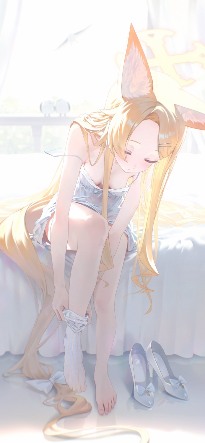animal_ears blue_archive halo kitsune lingerie loli nagomi_naka no_bra skirt_lift tail undressing yurizono_seia