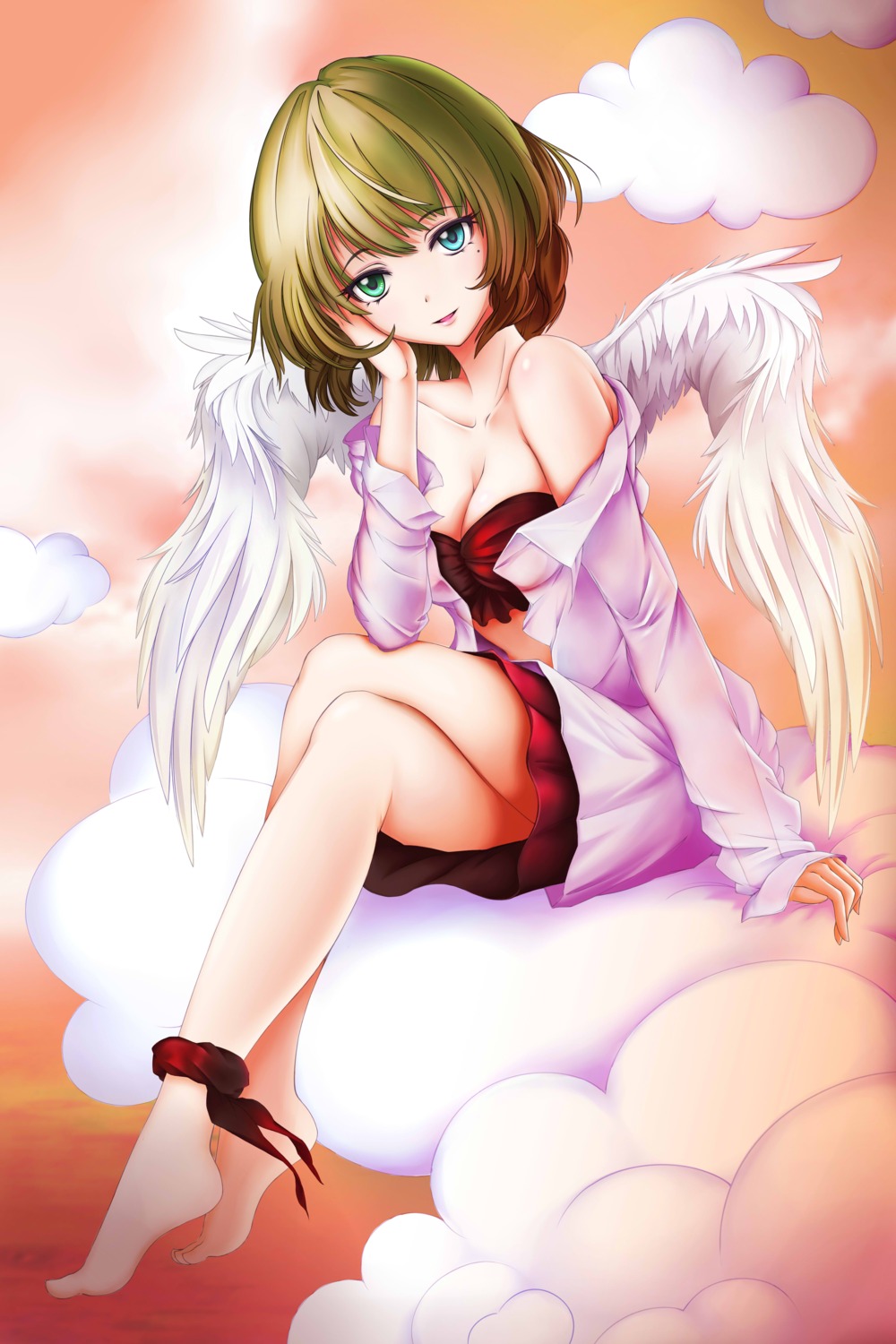 bra cleavage heterochromia lee_ahn open_shirt takagaki_kaede the_idolm@ster the_idolm@ster_cinderella_girls wings