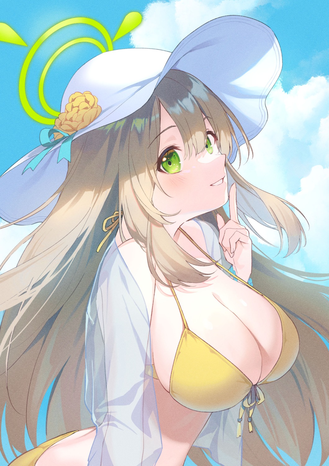 bikini blue_archive halo izayoi_nonomi konatsu_hare open_shirt see_through swimsuits