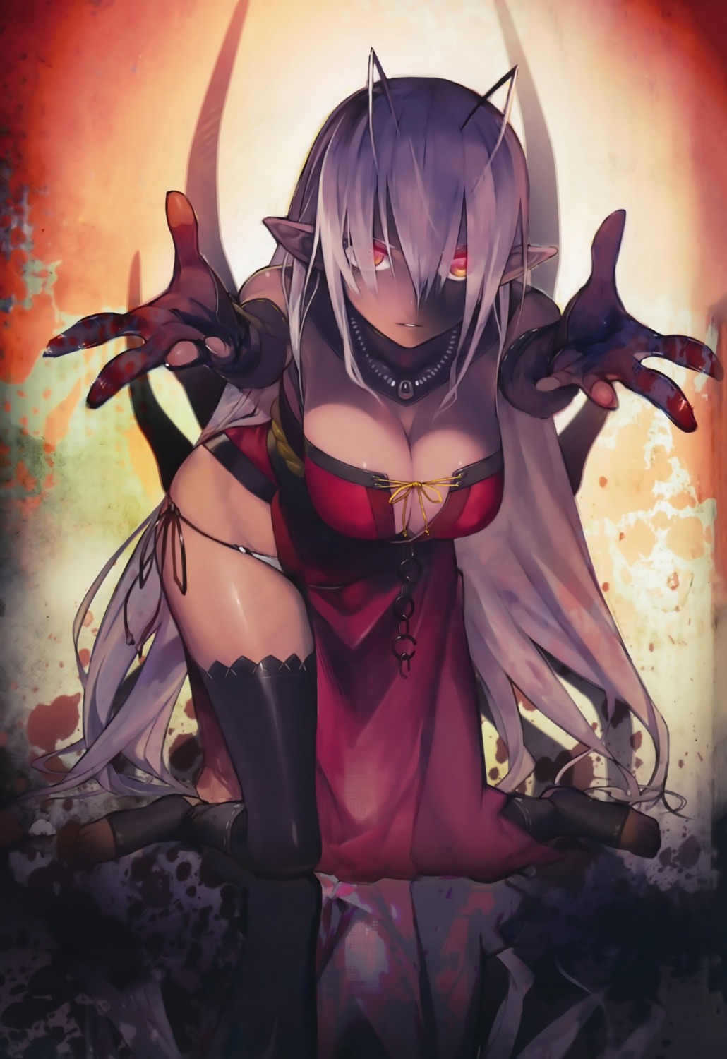 blood cleavage dress full_metal_daemon_muramasa namaniku_atk pantsu pointy_ears sansei_muramasa string_panties thighhighs