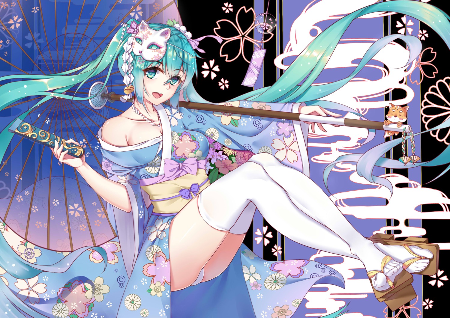 ao_susuki hatsune_miku japanese_clothes pantsu thighhighs umbrella vocaloid