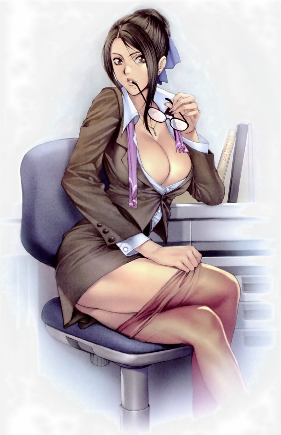 business_suit cleavage homare megane no_bra overfiltered pantyhose undressing