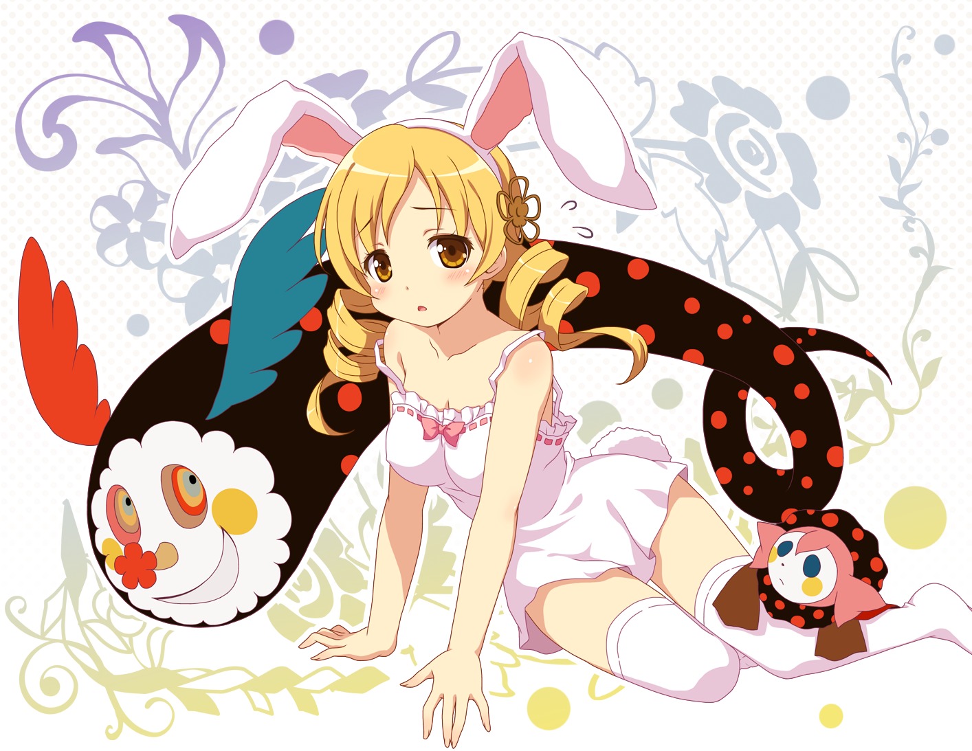 animal_ears bunny_ears charlotte_(madomagi) dress mahou_shoujo_madoka_magica thighhighs tomoe_mami yamasan