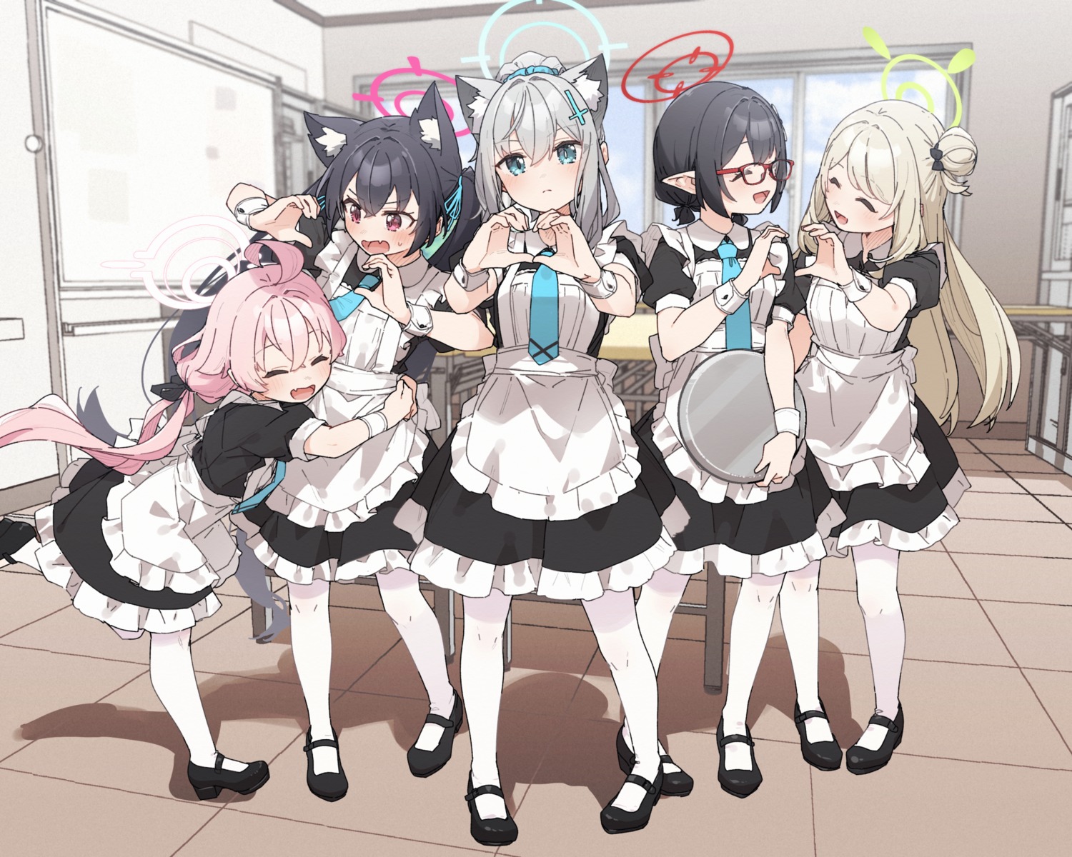 animal_ears blue_archive halo izayoi_nonomi kuromi_serika kusaka_shi maid megane nekomimi okusora_ayane pantyhose pointy_ears sunaookami_shiroko takanashi_hoshino waitress