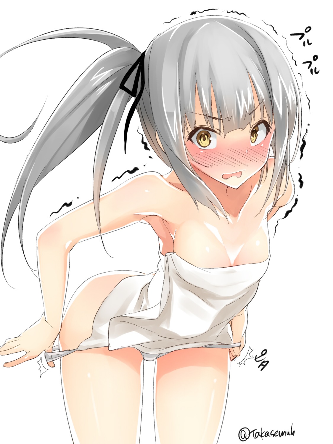 kantai_collection kasumi_(kancolle) pantsu panty_pull takase_muu towel undressing