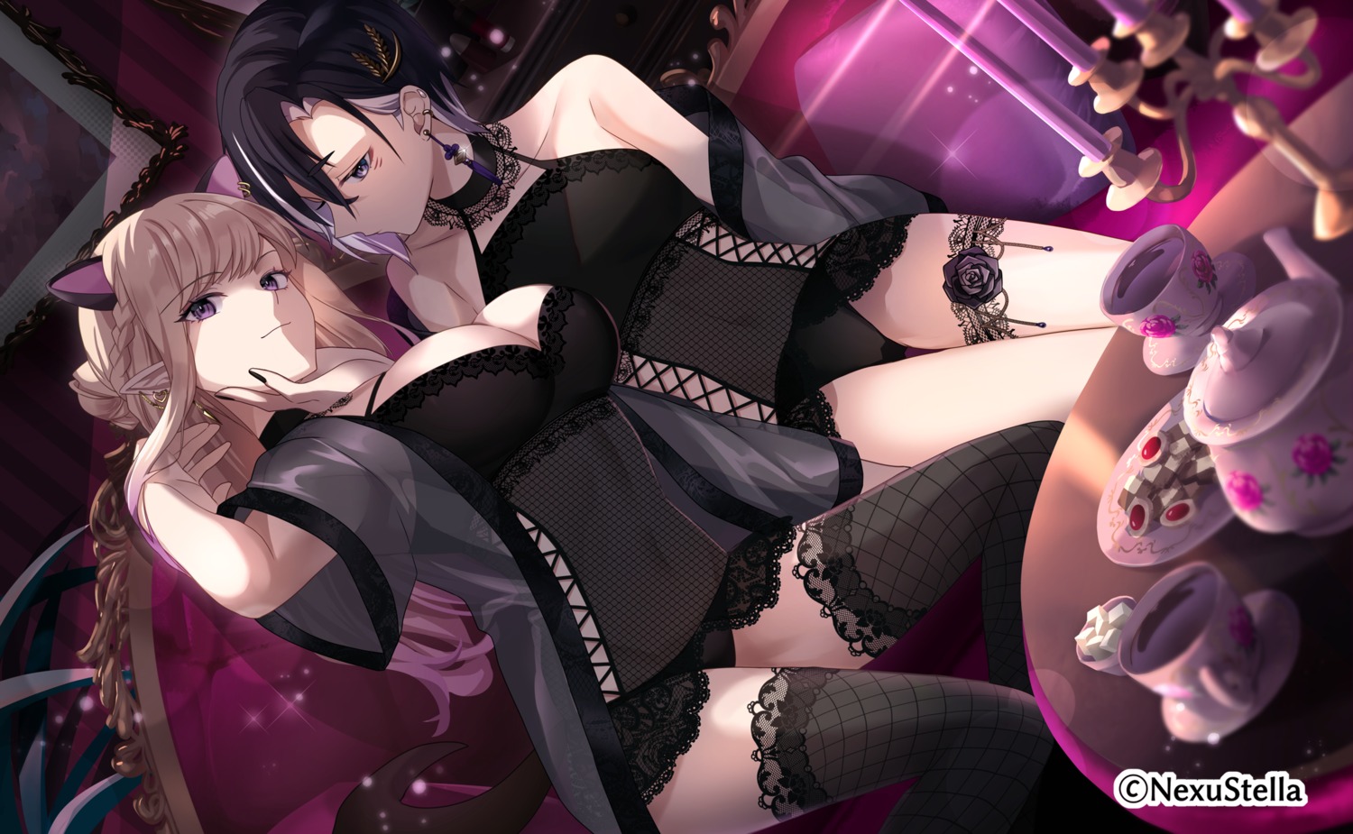 animal_ears derori fishnets garter nekomimi pointy_ears see_through thighhighs