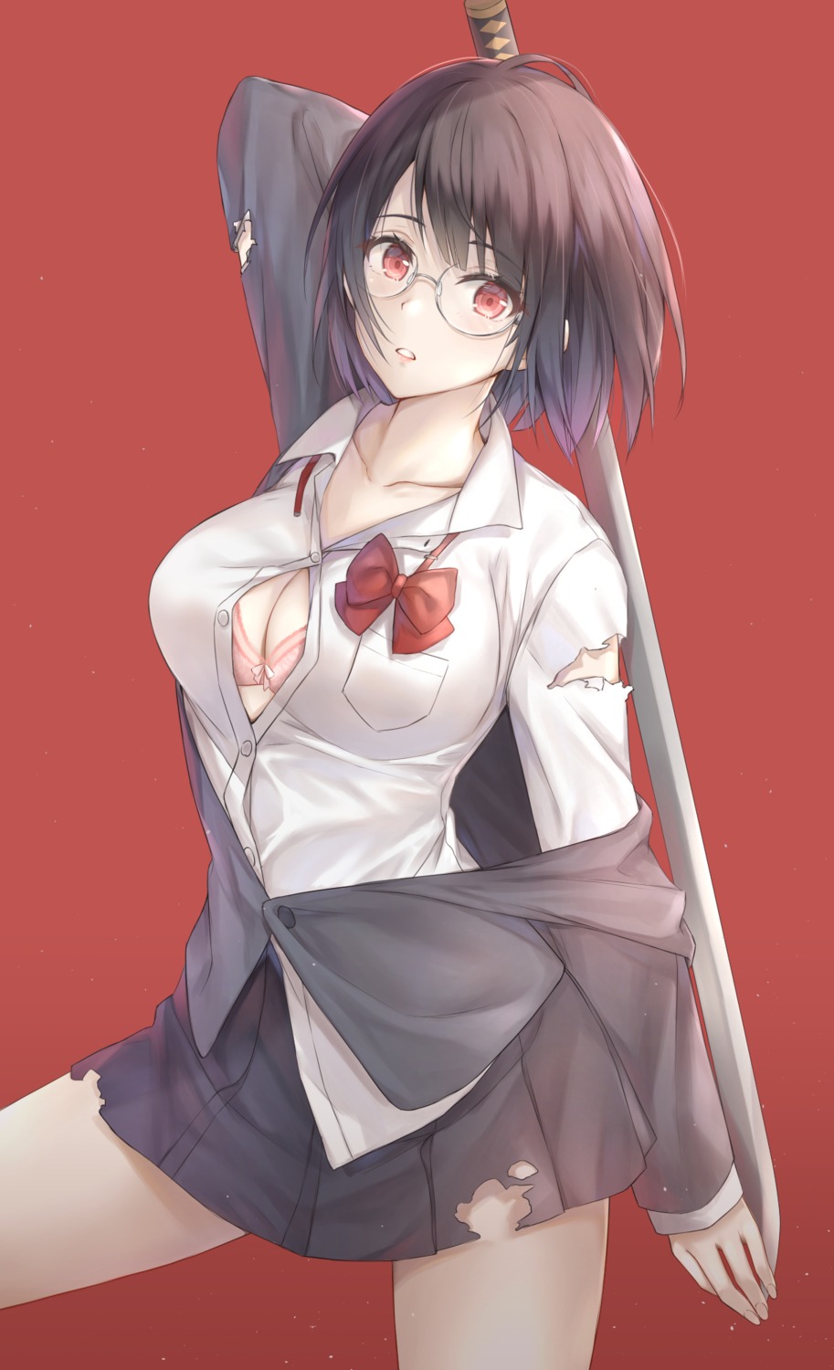 bra cleavage cuna_(qunya) durarara!! megane open_shirt seifuku sword torn_clothes