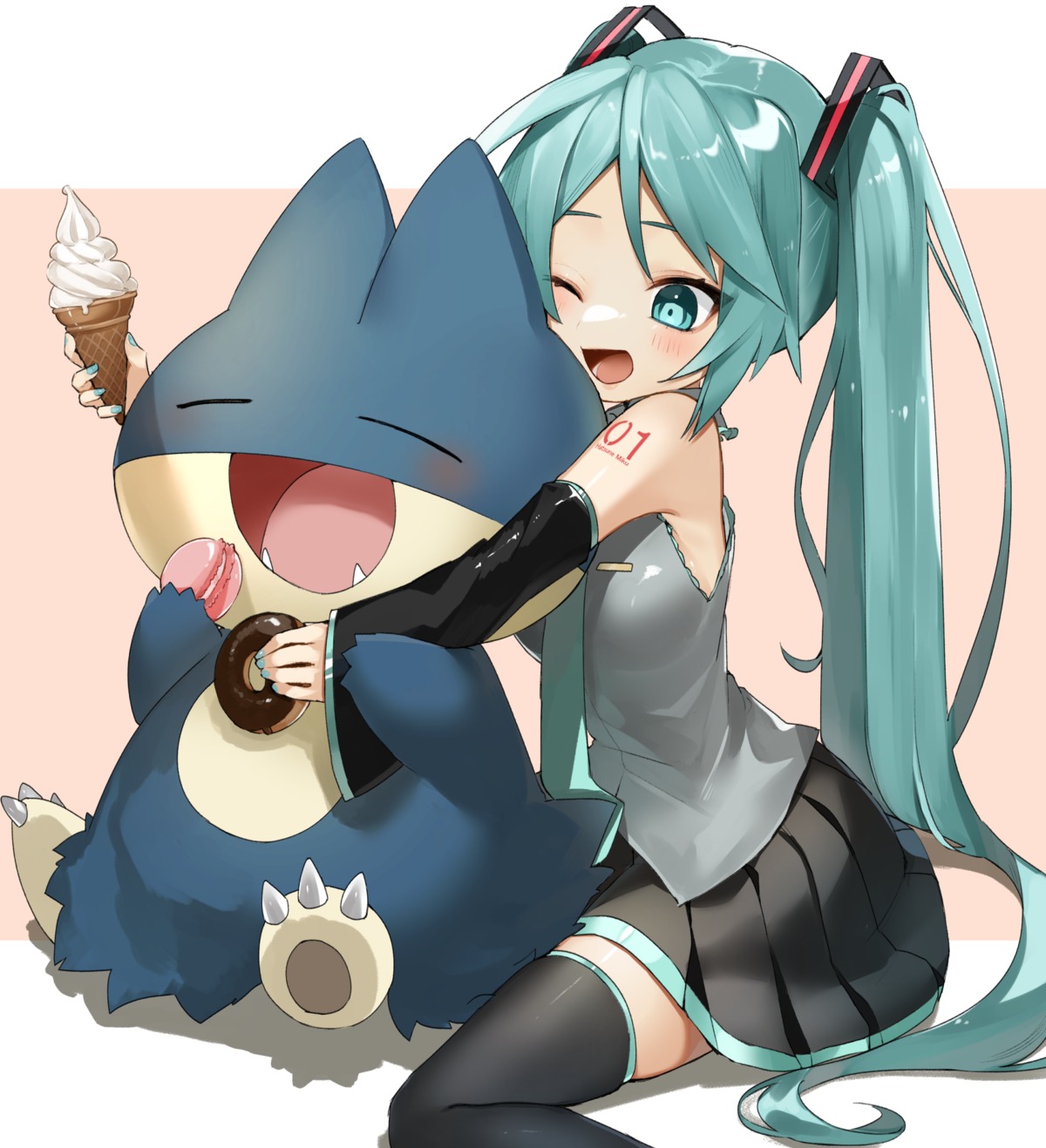 crossover hatsune_miku munchlax pokemon reirou_(chokoonnpu) tattoo thighhighs vocaloid