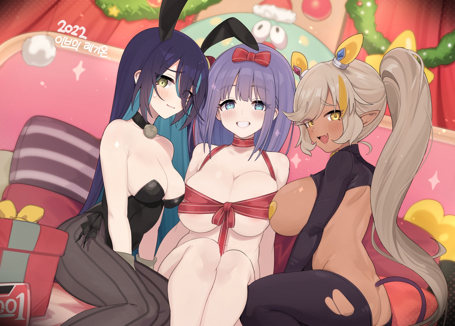 animal_ears ass bunny_ears bunny_girl christmas haruka1638 nagare_misora naked_ribbon nea_(princess_connect) no_bra nopan pantyhose pointy_ears princess_connect princess_connect!_re:dive ranpha_(princess_connect) tail torn_clothes