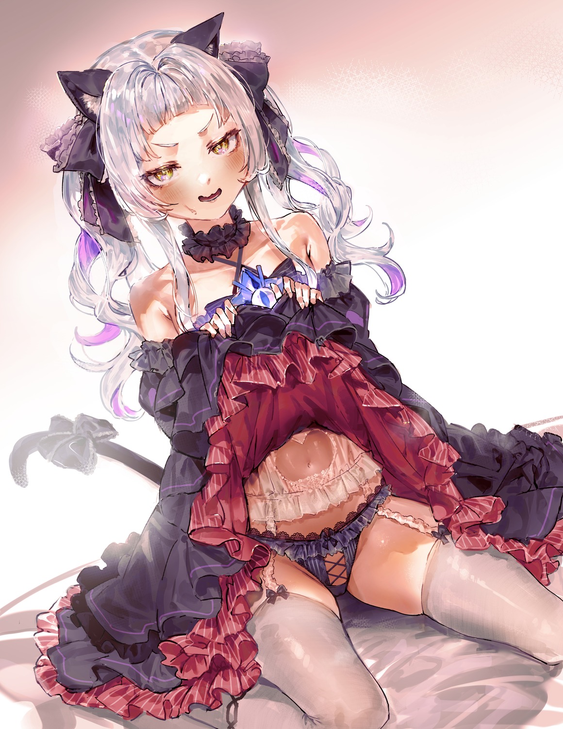 animal_ears gothic_lolita hololive kuroi_suna lingerie lolita_fashion murasaki_shion nekomimi pantsu skirt_lift stockings tail thighhighs