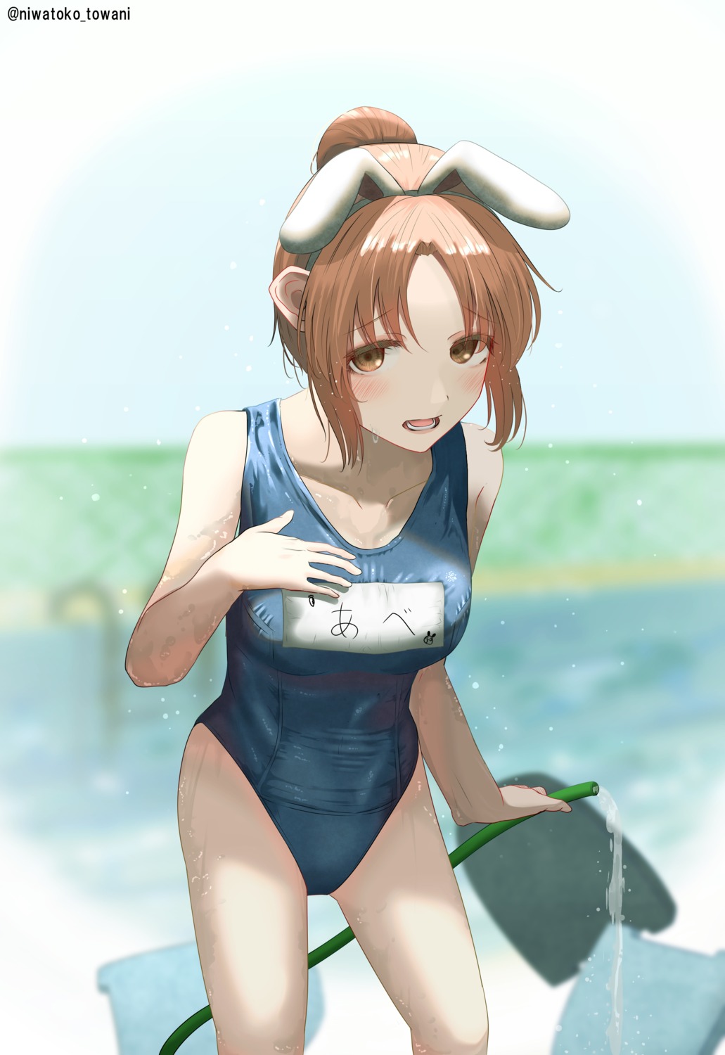 abe_nana animal_ears bunny_ears niwatoko_towani school_swimsuit swimsuits the_idolm@ster the_idolm@ster_cinderella_girls wet