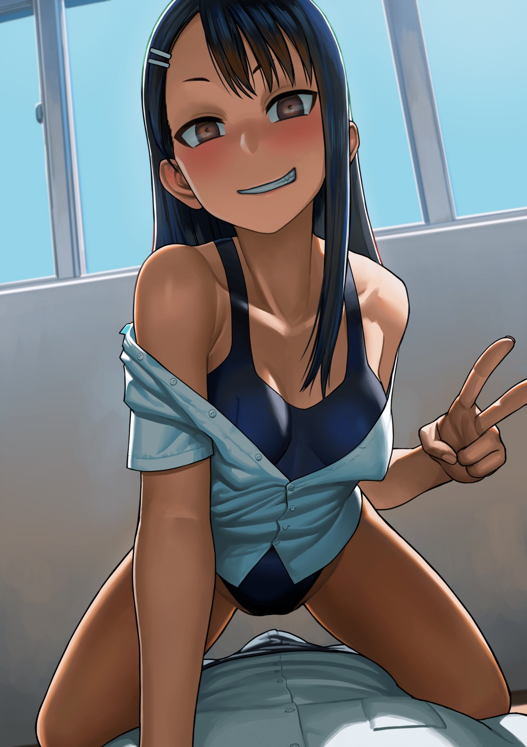 cleavage erect_nipples ijiranaide_nagatoro-san lasterk nagatoro_hayase open_shirt school_swimsuit seifuku swimsuits