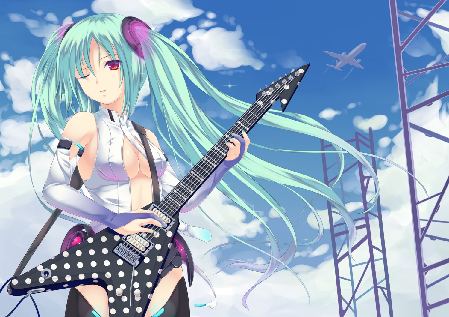 cleavage guitar hatsune_miku iroha_(unyun) landscape miku_append vocaloid vocaloid_append