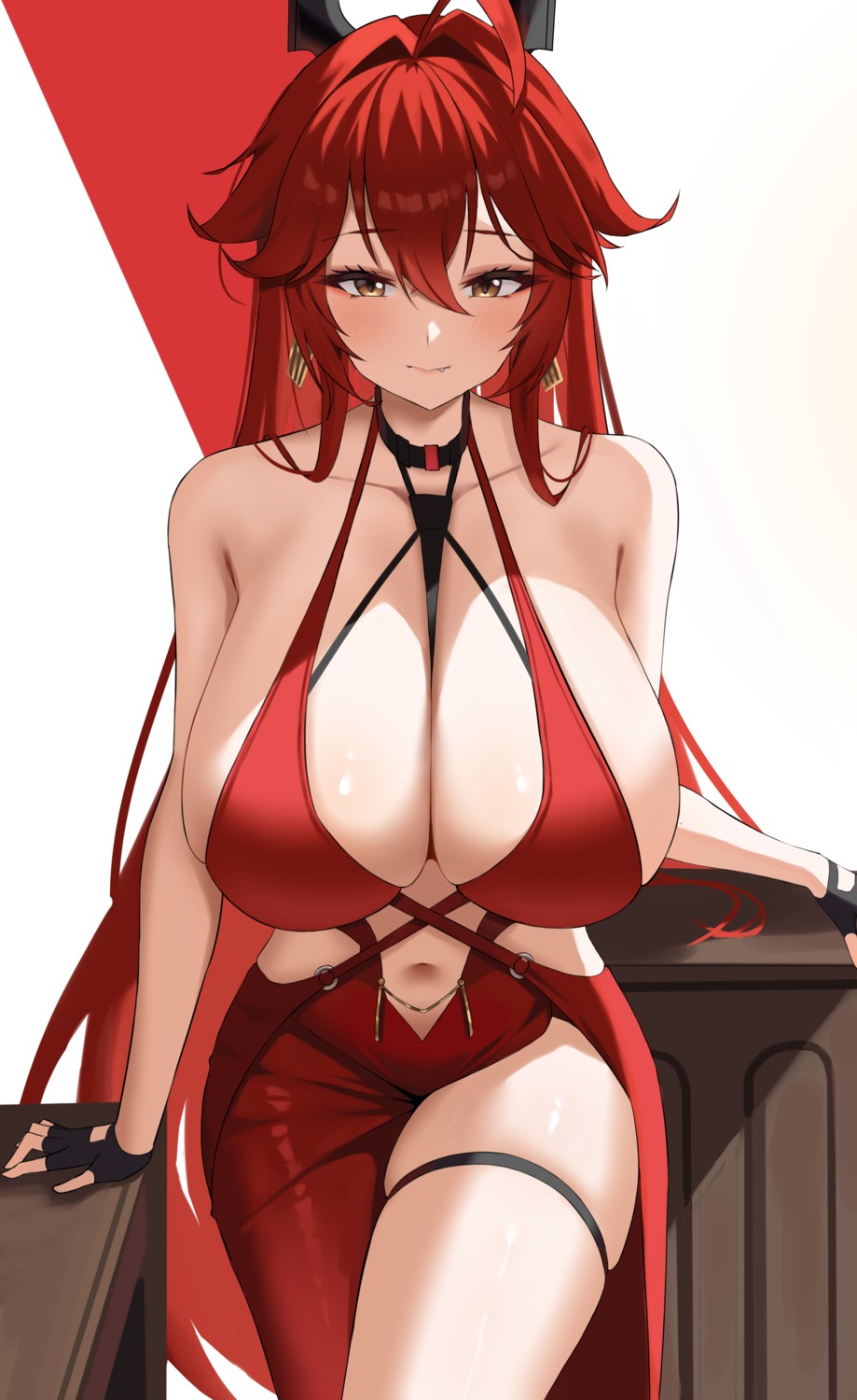 dress garter goddess_of_victory:_nikke horns murding no_bra red_hood_(nikke)