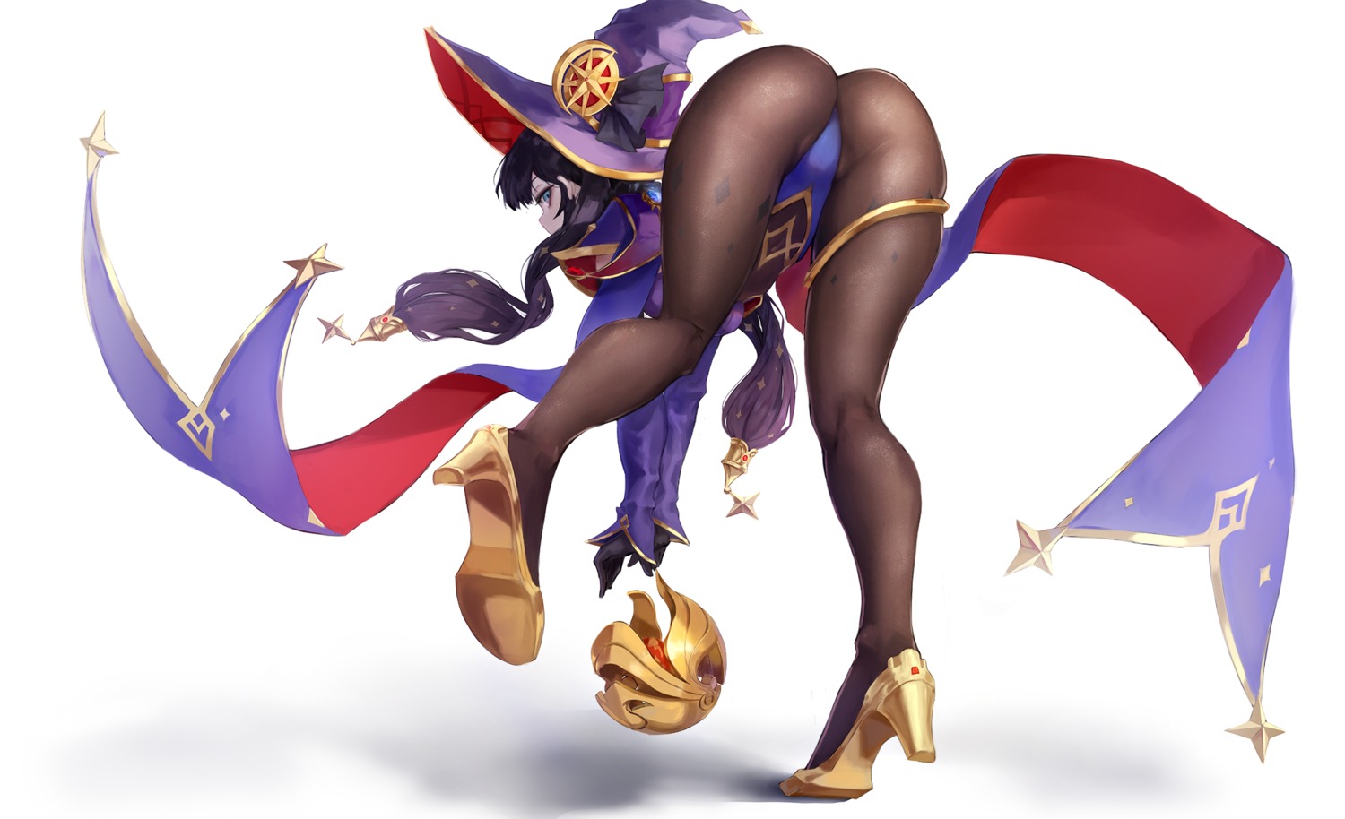 ass garter genshin_impact heels hiki_niito leotard mona_megistus pantyhose witch