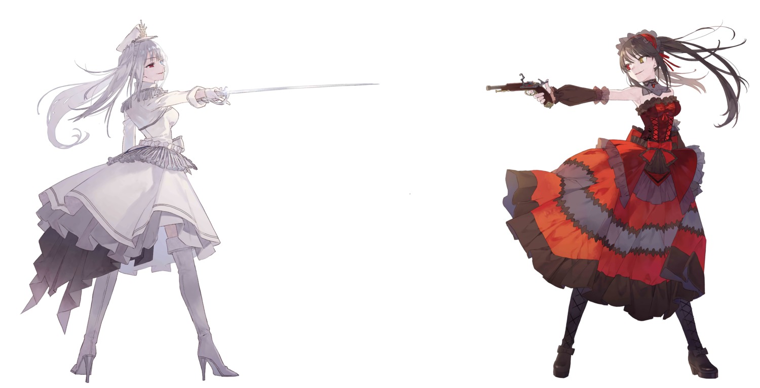 date_a_live date_a_live_fragment_date_a_bullet dress gothic_lolita gun heels heterochromia lolita_fashion noco sword thighhighs tokisaki_kurumi uniform white_queen_(date_a_bullet)