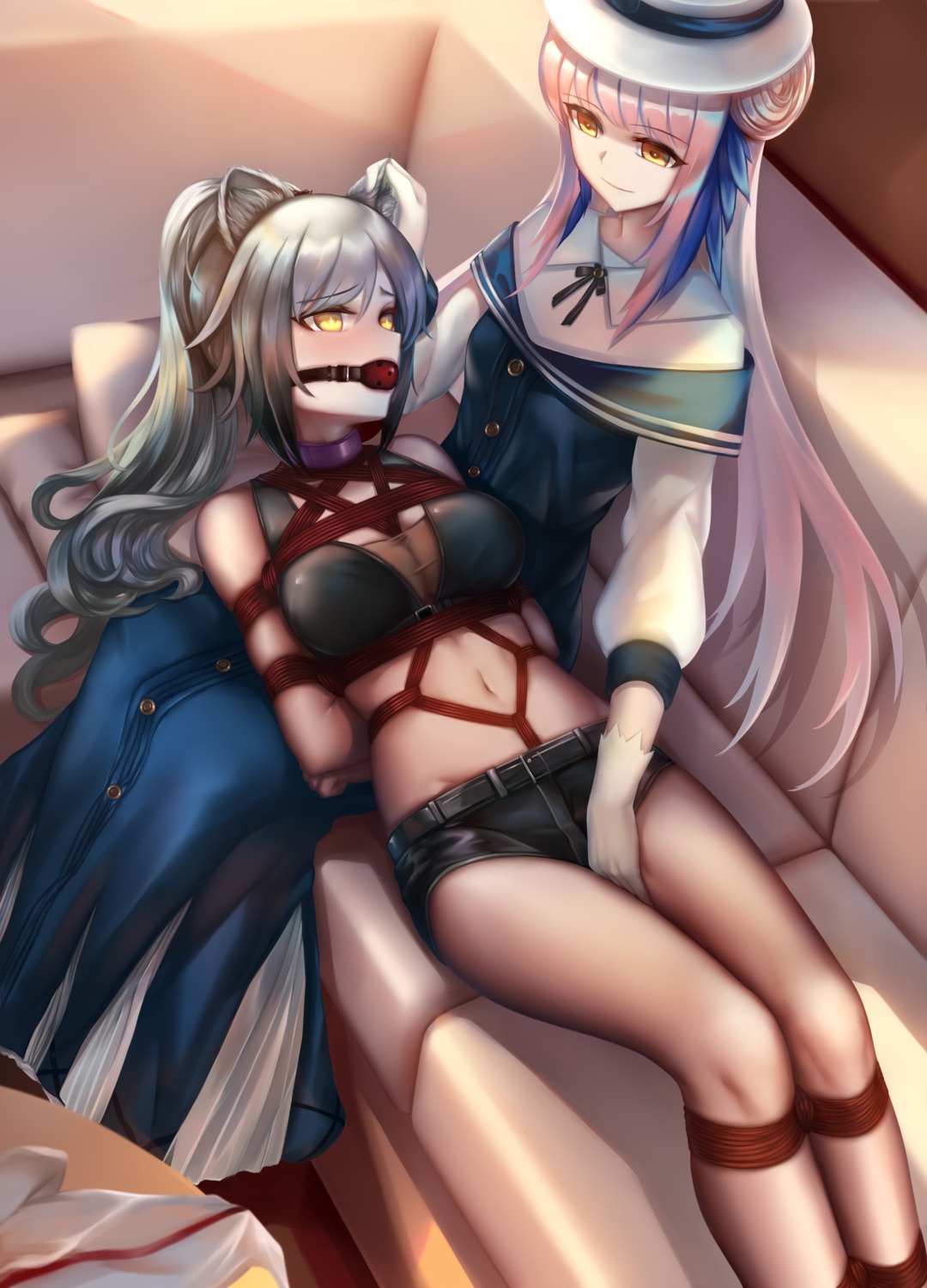 animal_ears arknights bondage ceylon_(arknights) cleavage dress lanse_dai_mao schwarz_(arknights) see_through yuri