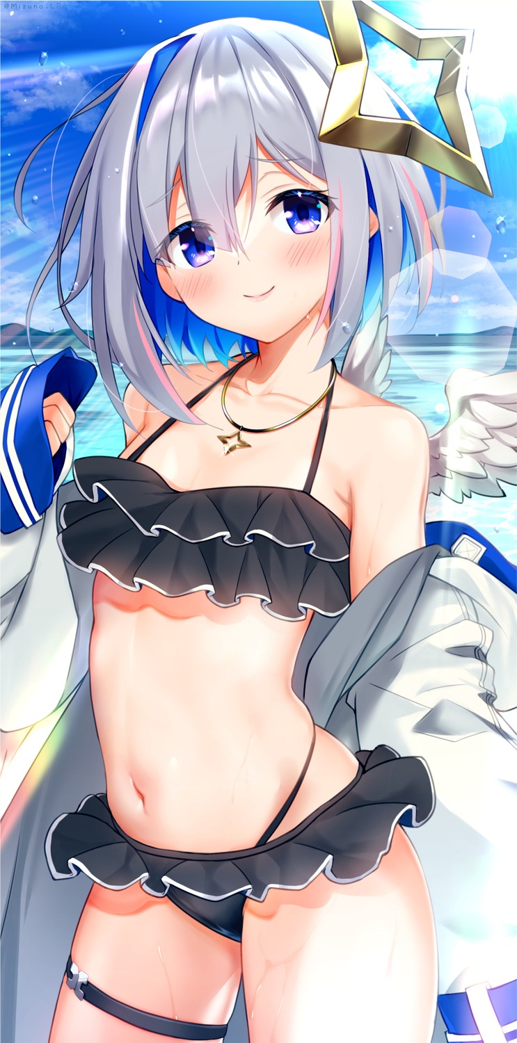 amane_kanata angel bikini garter hololive mizuno_kurage open_shirt swimsuits wet wings