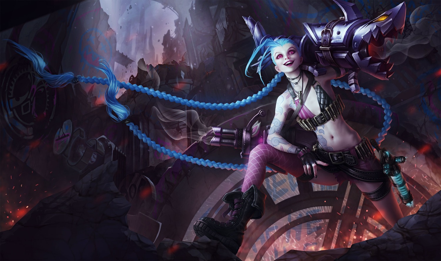 bikini_top fishnets garter jinx league_of_legends swimsuits tagme tattoo thighhighs torn_clothes weapon