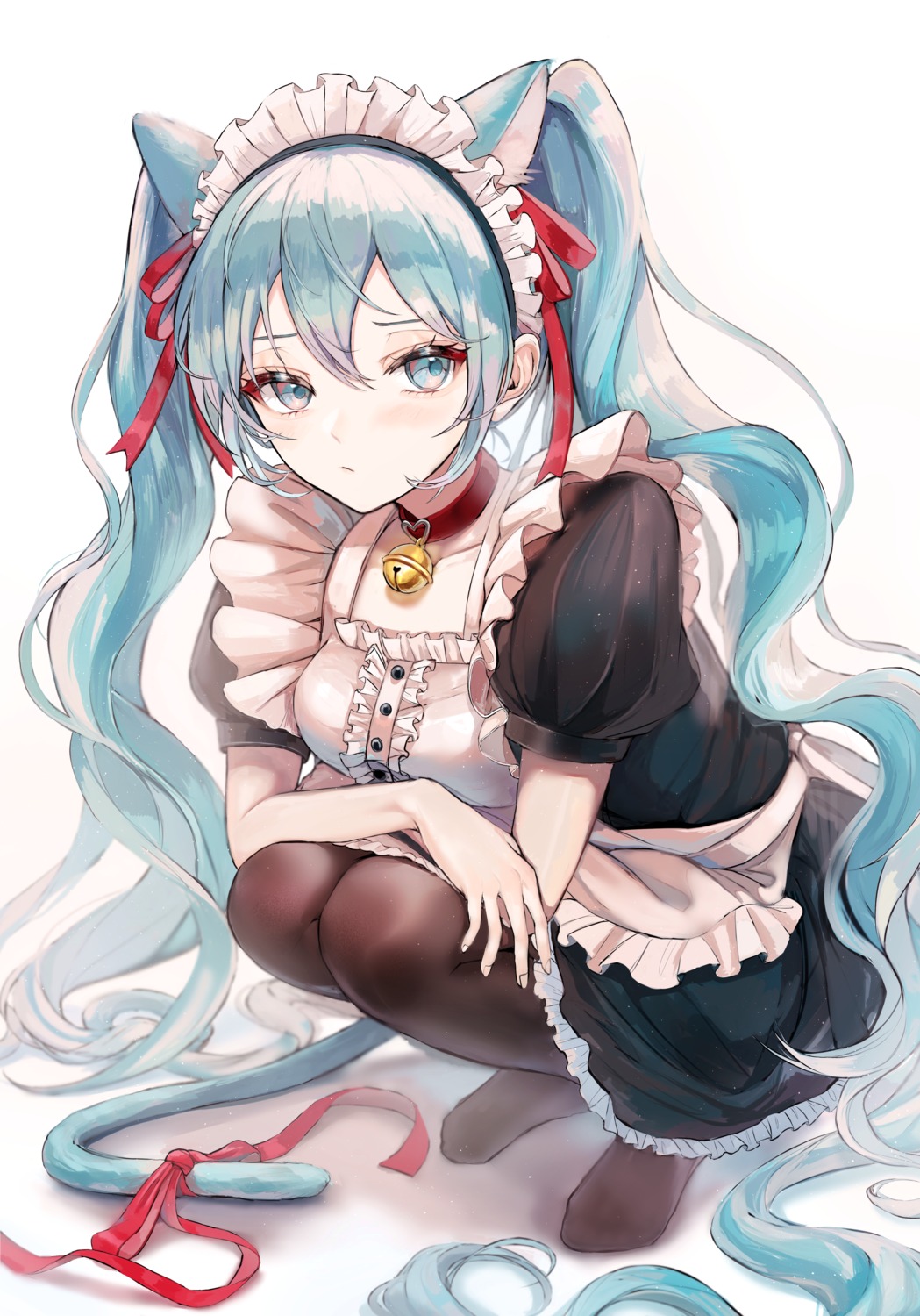 animal_ears hatsune_miku maid nekomimi pantyhose pipi_(pixiv_71334597) tail vocaloid