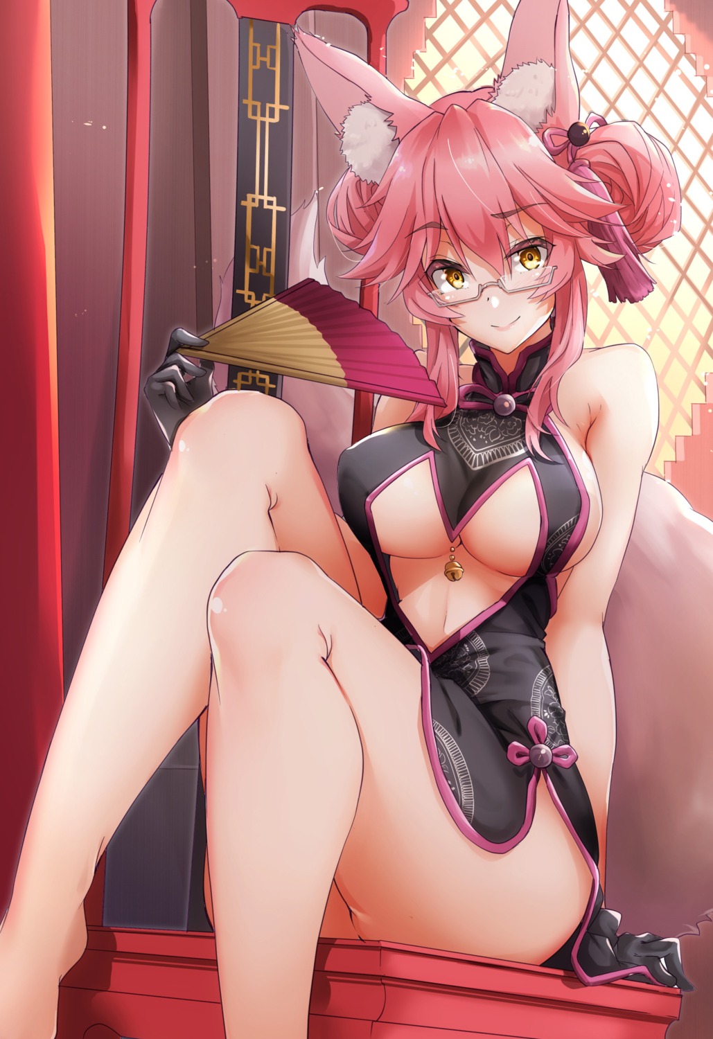 animal_ears chinadress fate/grand_order kitsune megane no_bra nopan sezoku skirt_lift tail tamamo_vitch_koyanskaya