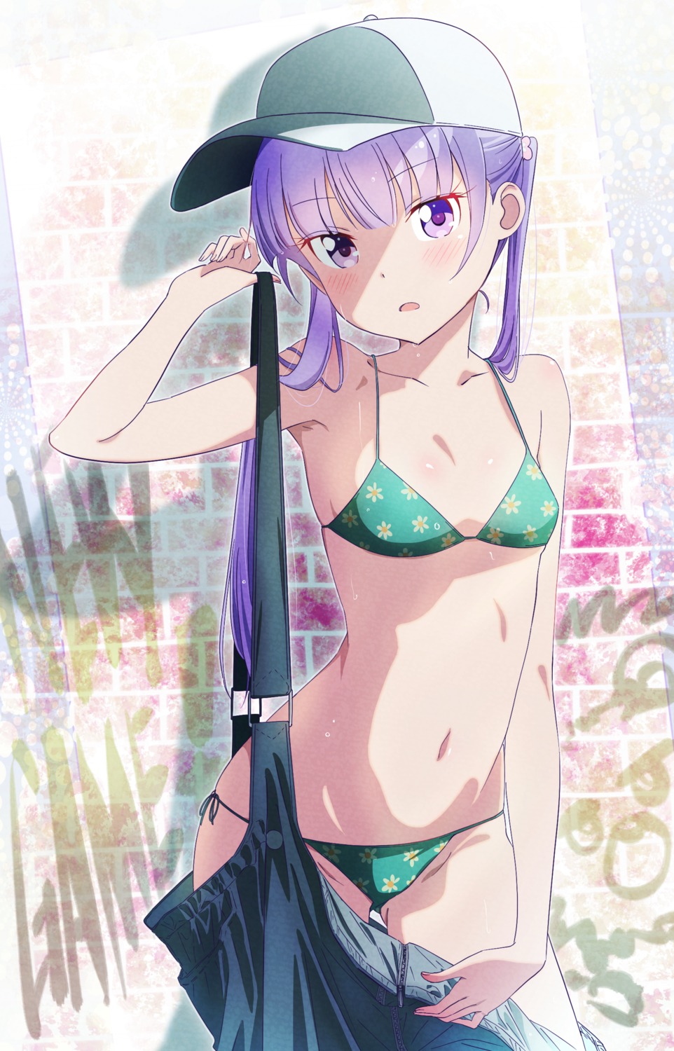 bikini cleavage makicha new_game! overalls suzukaze_aoba swimsuits undressing