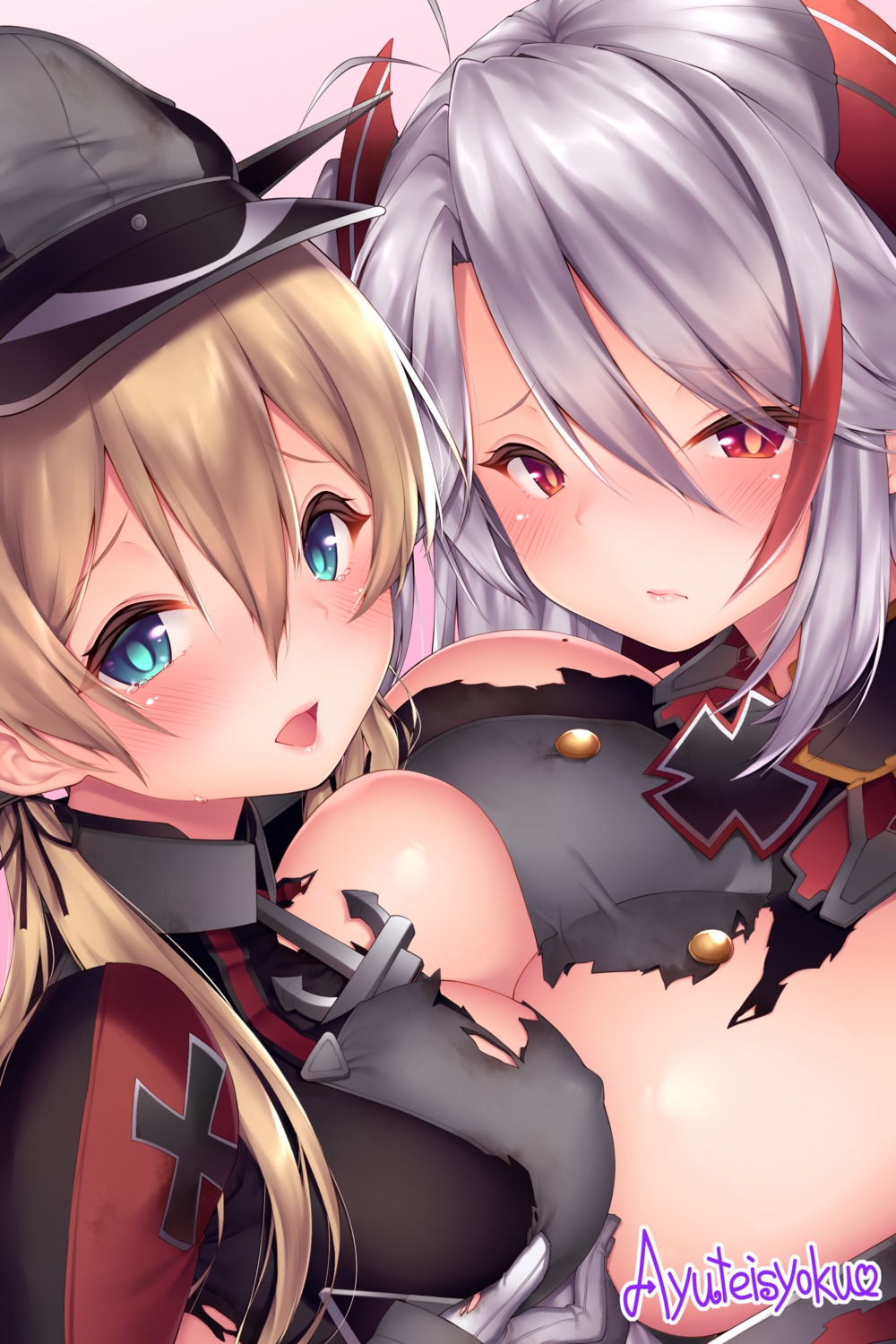 ayuteishoku azur_lane breast_grab breasts crossover erect_nipples kantai_collection no_bra prinz_eugen_(azur_lane) prinz_eugen_(kancolle) symmetrical_docking torn_clothes uniform