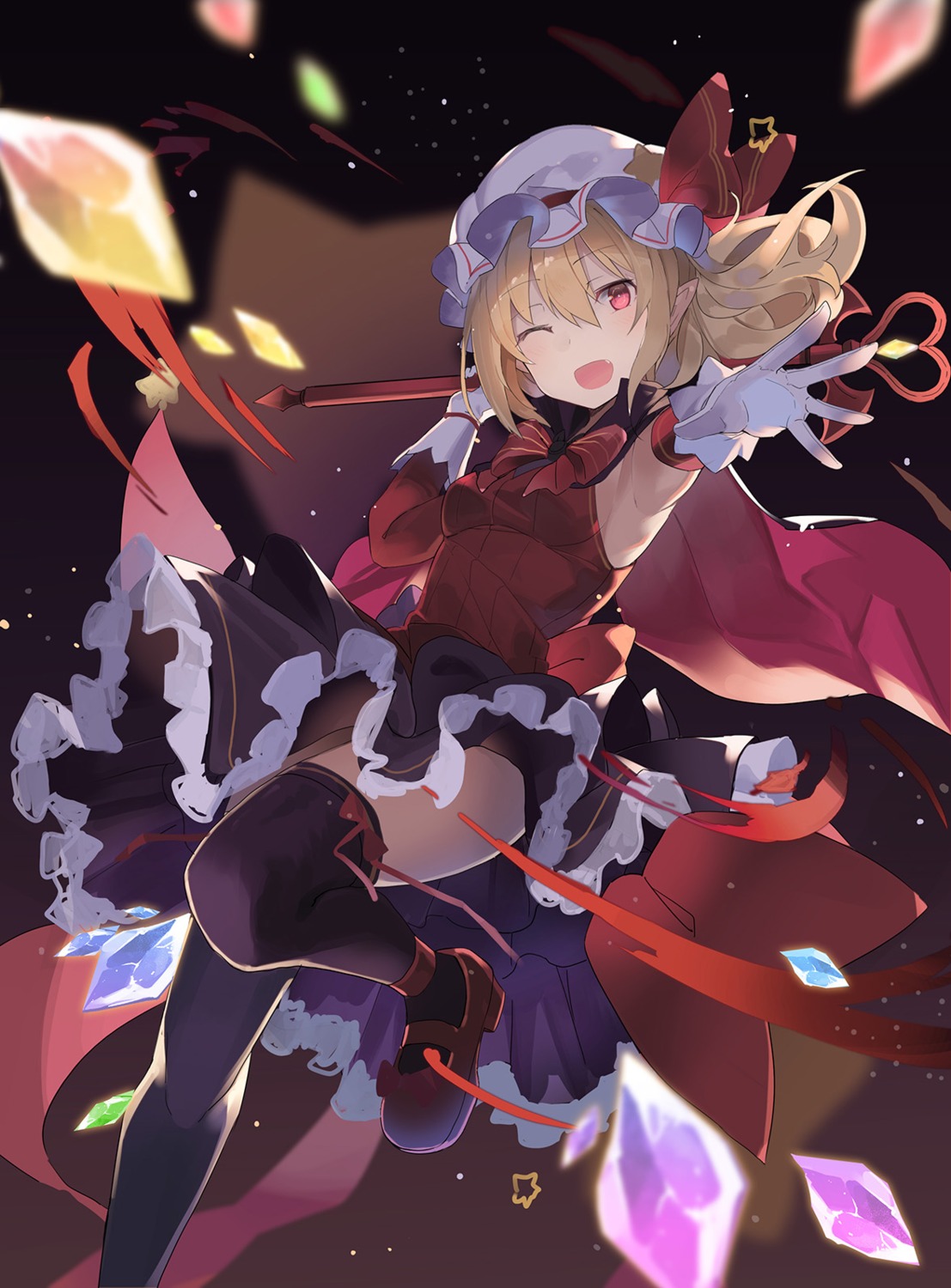 flandre_scarlet rin_falcon skirt_lift thighhighs touhou weapon