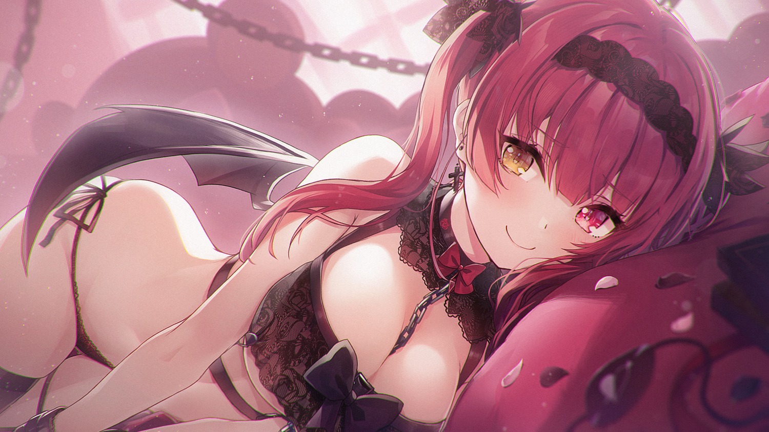 bra chihiro_ayaka heterochromia hololive houshou_marine pantsu string_panties thighhighs wallpaper wings