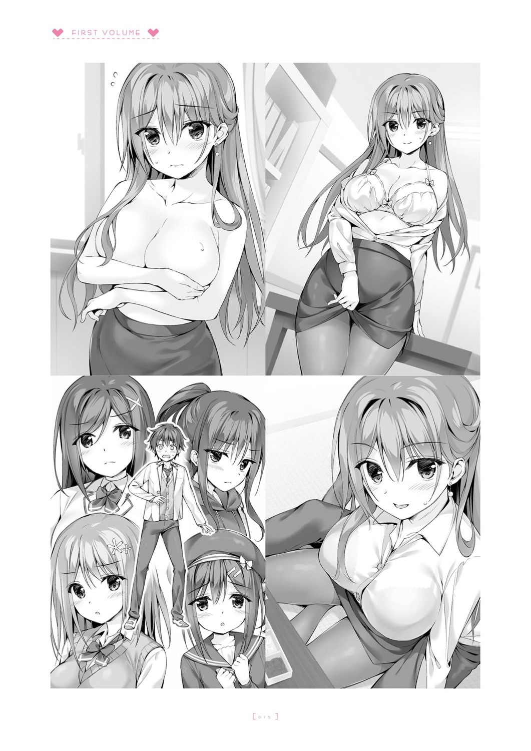 amanashi_nui boku_no_kanojo_sensei bra breast_hold dress_shirt fujiki_maka jinsho_karen monochrome open_shirt oryou pantyhose saigi_makoto saigi_miharu seifuku shinju_muku skirt_lift sweater topless