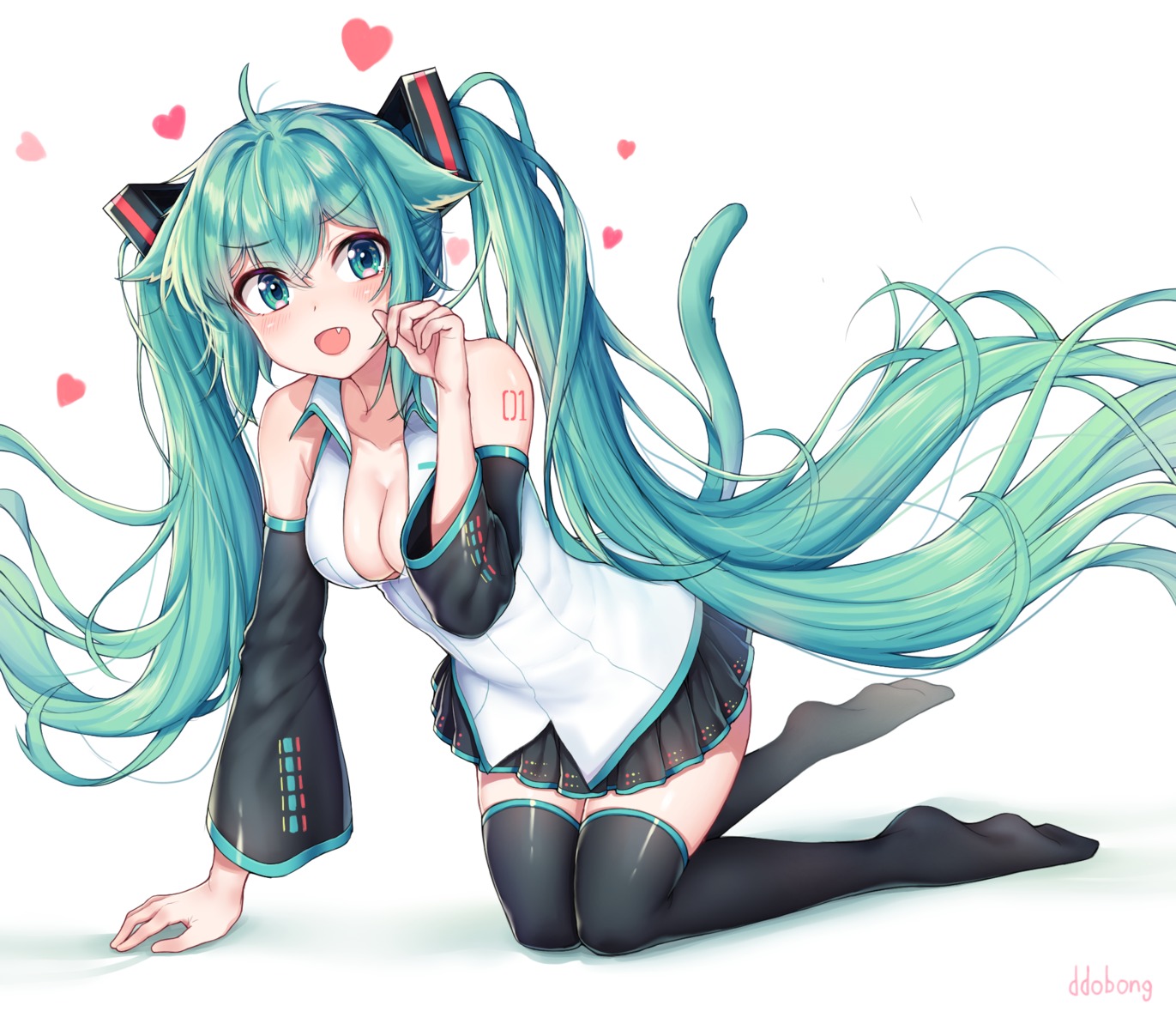 animal_ears cleavage hatsune_miku kk_(aky2374) nekomimi no_bra open_shirt tail tattoo thighhighs vocaloid