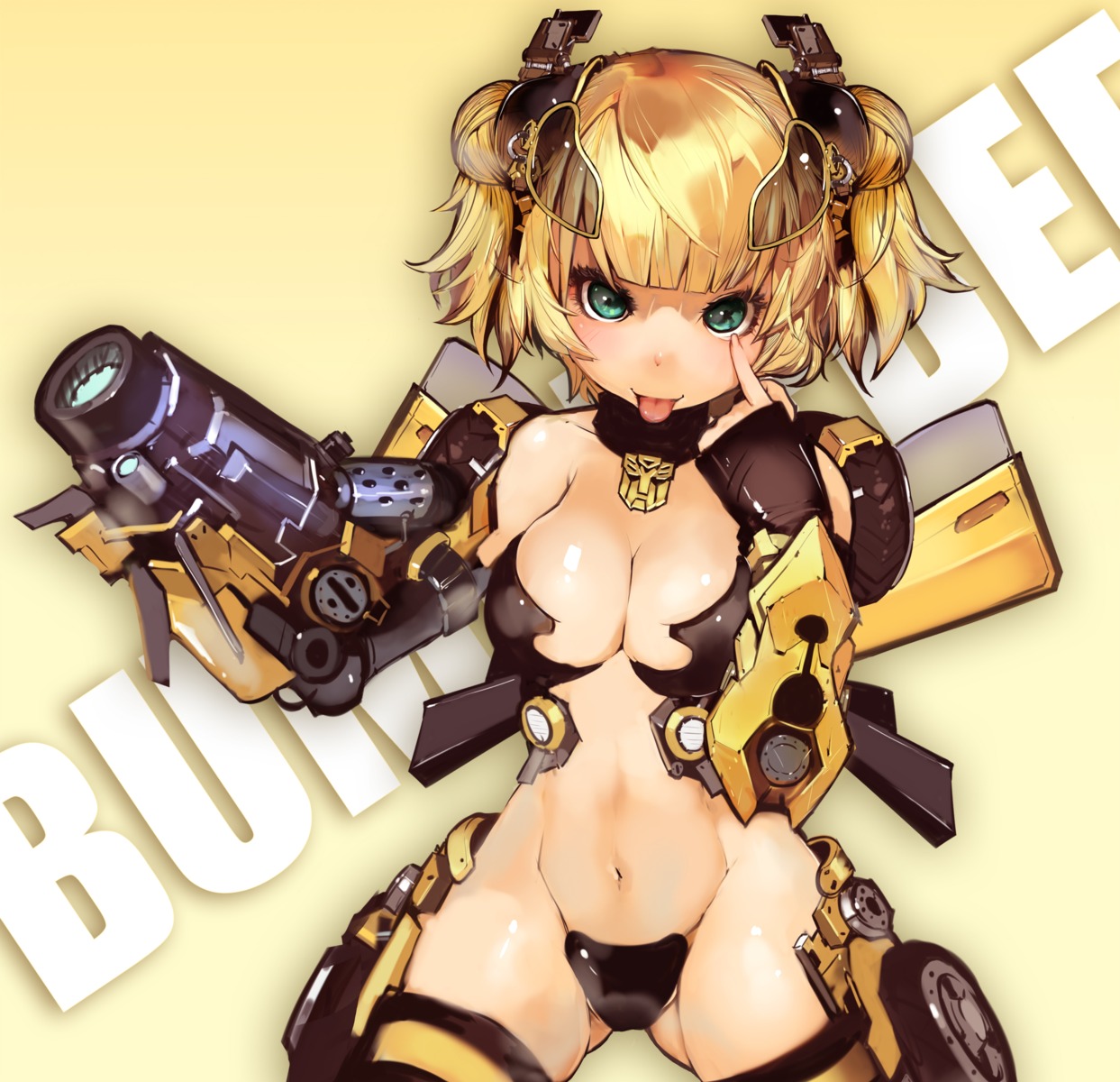 anthropomorphization bebe1999 bikini_armor bumblebee cleavage mecha_musume transformers weapon