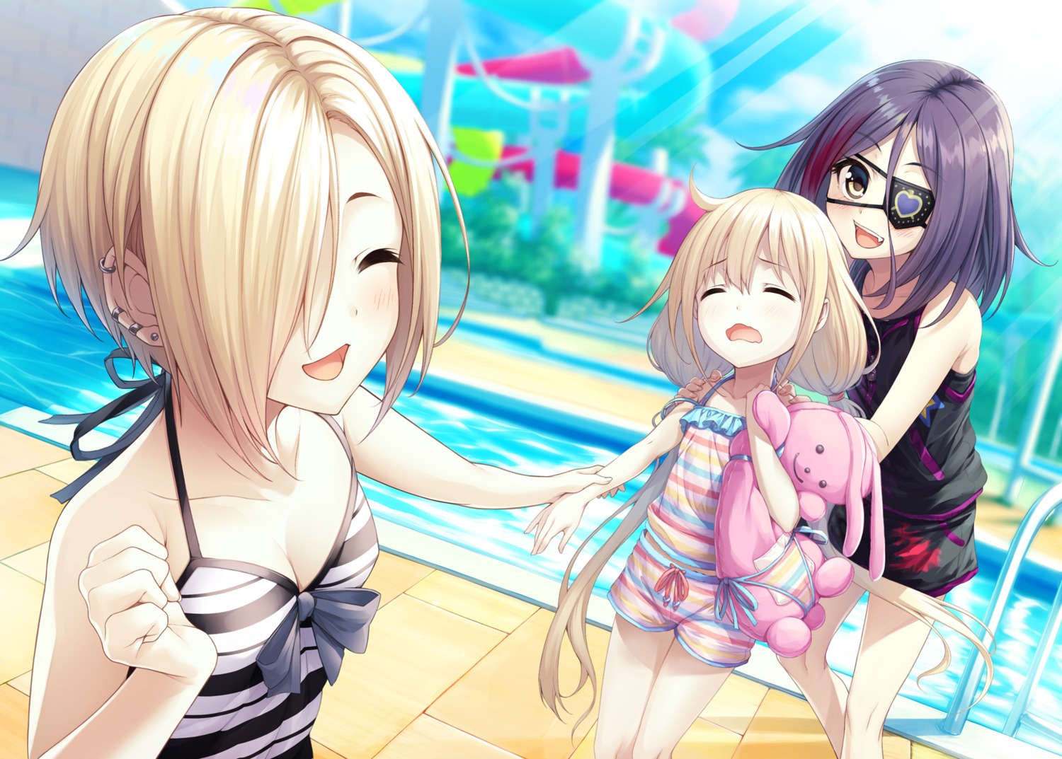 cleavage eyepatch futaba_anzu hasumi_(hasubatake39) hayasaka_mirei shirasaka_koume swimsuits the_idolm@ster the_idolm@ster_cinderella_girls