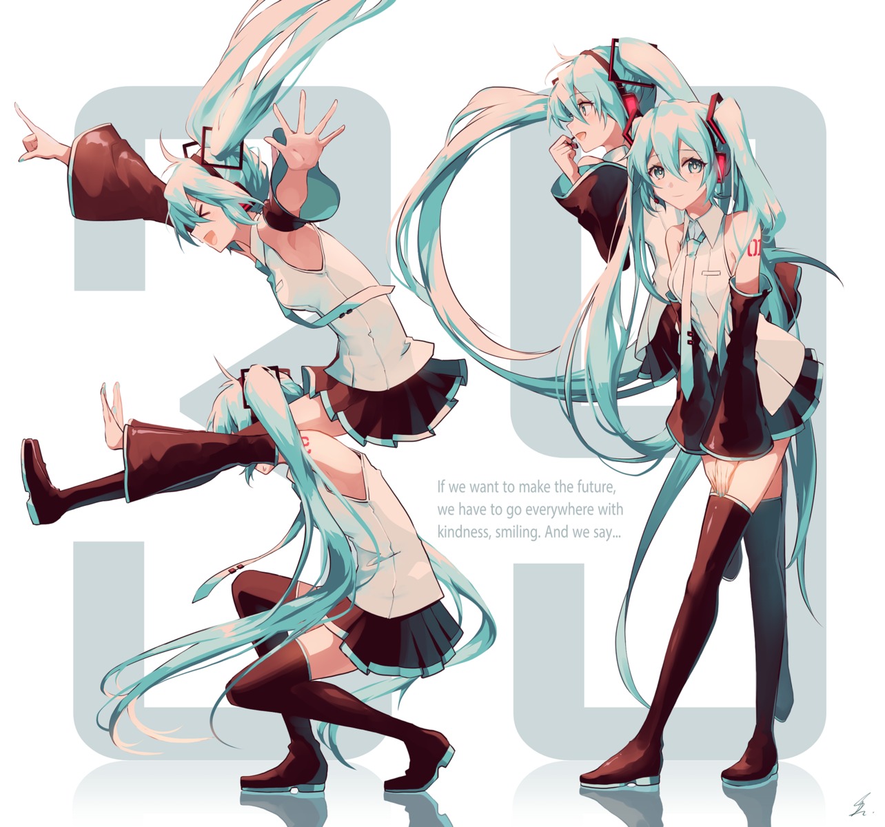 hatsune_miku headphones saihate seifuku skirt_lift tattoo thighhighs vocaloid