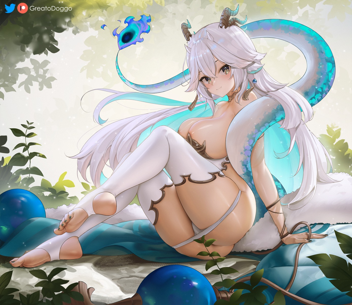 areola greatodoggo horns no_bra pantsu panty_pull tail thighhighs veibae vshojo