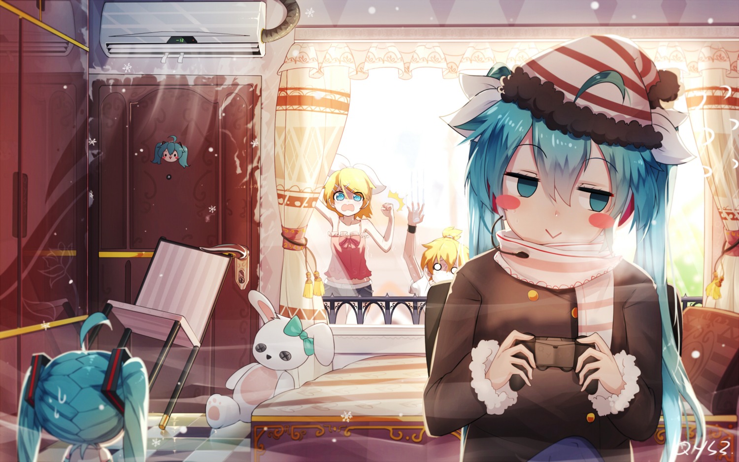 hatsune_miku headphones kagamine_len kagamine_rin qys3 vocaloid