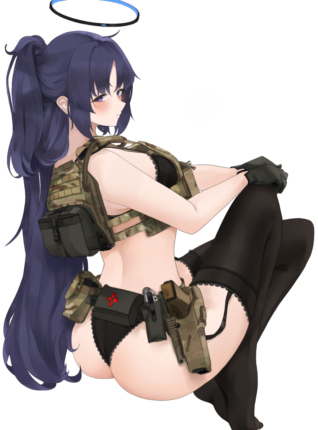 ass blue_archive bra fte_(fifteen_199) gun halo hayase_yuuka pantsu stockings thighhighs thong