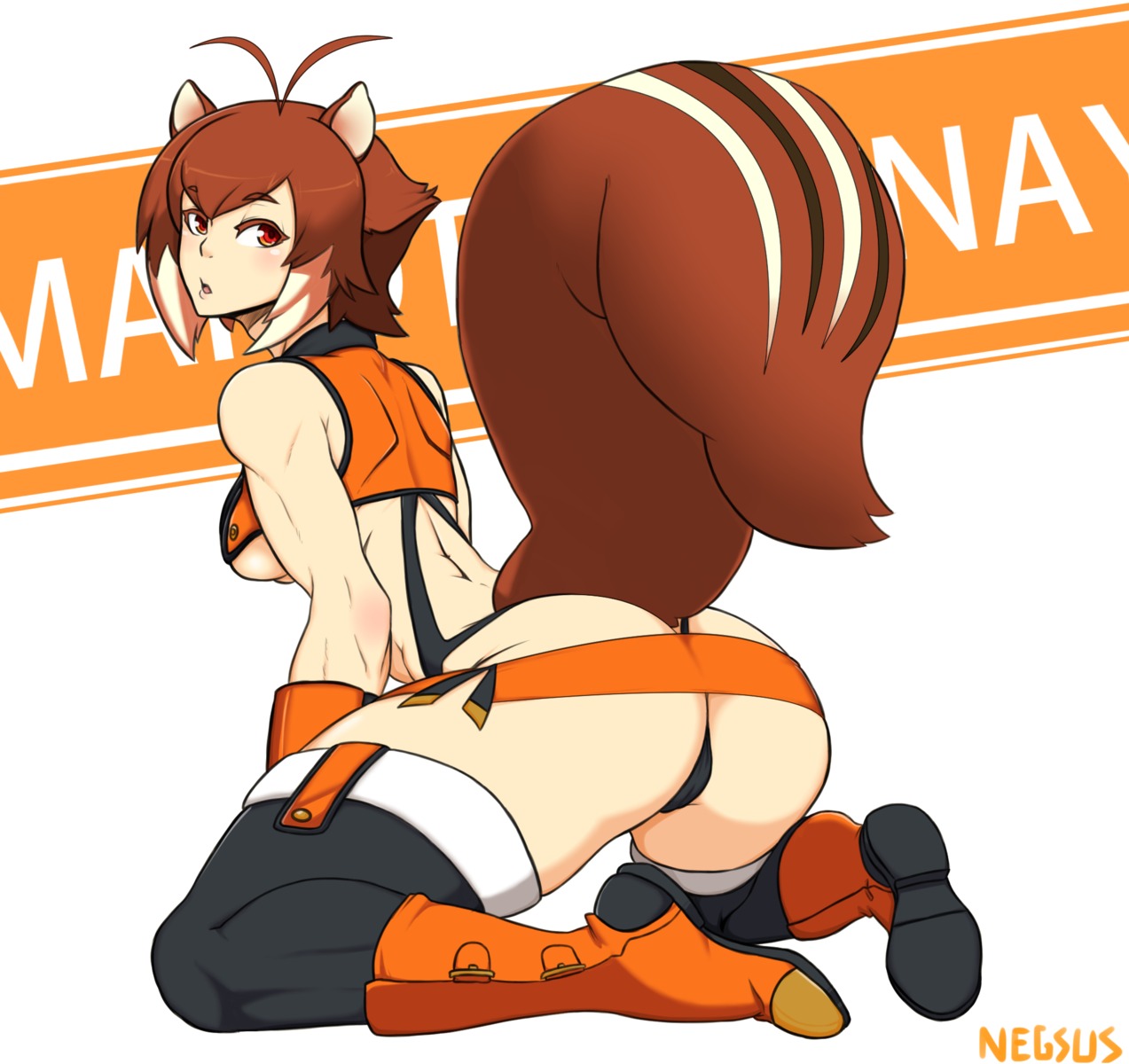 animal_ears ass blazblue blazblue:_calamity_trigger blazblue:_chronophantasma blazblue:_continuum_shift makoto_nanaya negsus no_bra tail thighhighs thong underboob