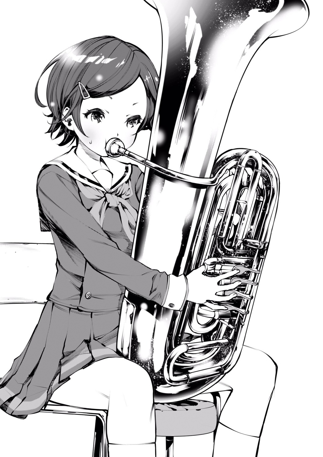 fukushima_masayasu hibike!_euphonium katou_hazuki_(hibike!_euphonium) monochrome seifuku