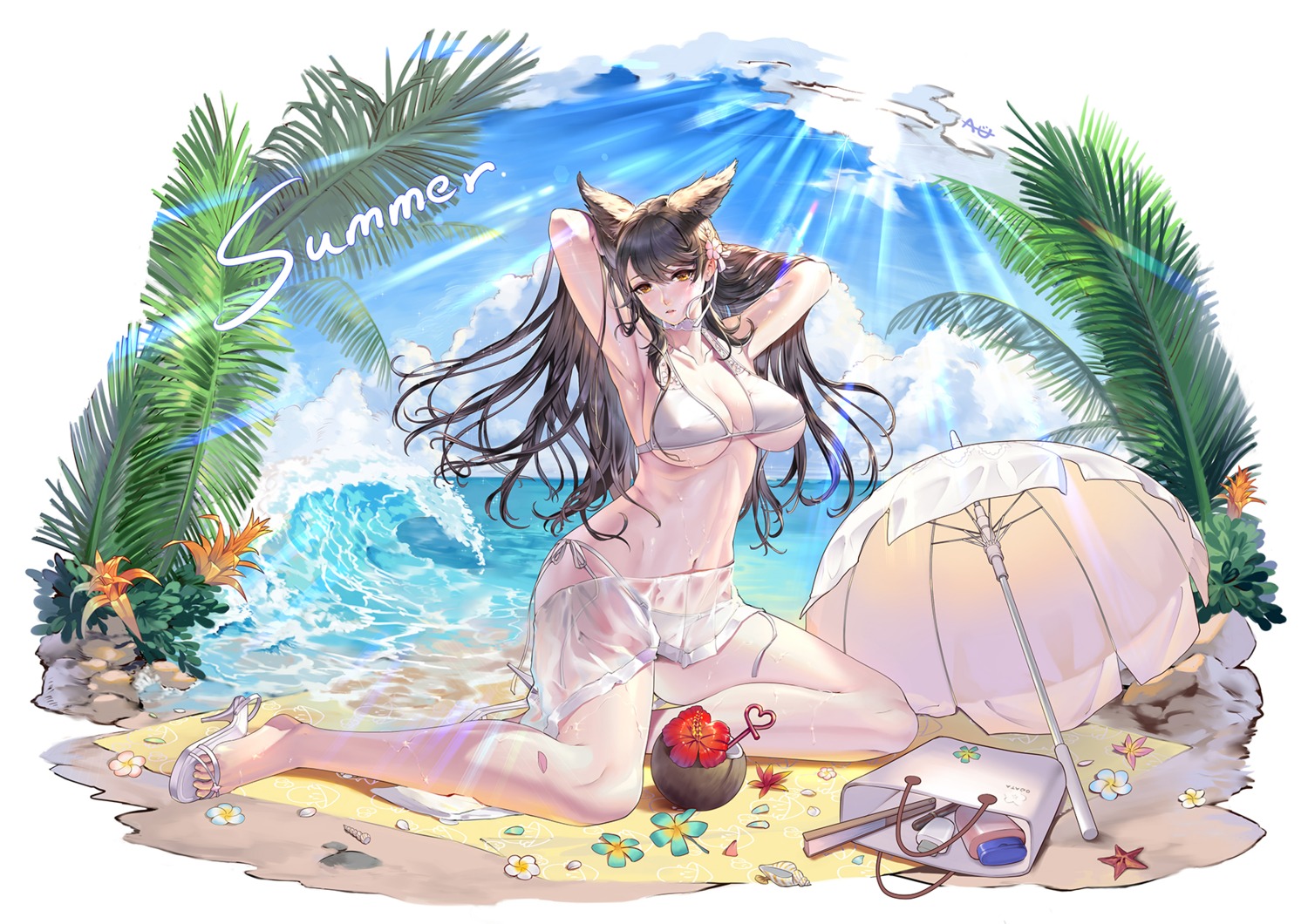 animal_ears atago_(azur_lane) au11 azur_lane bikini erect_nipples heels see_through swimsuits umbrella wet wet_clothes