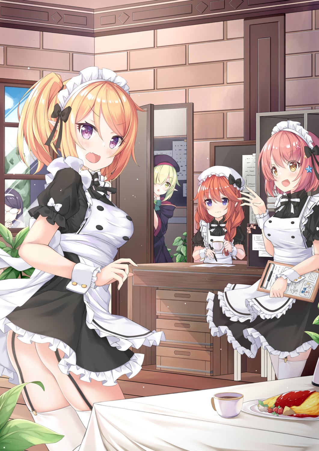 ass futaba_aoi_(princess_connect) kazama_chieru kuroe_hanako lr_(last_remote_514) maid megane nopan pointy_ears princess_connect princess_connect!_re:dive seifuku shingyouji_yuni skirt_lift stockings thighhighs waitress