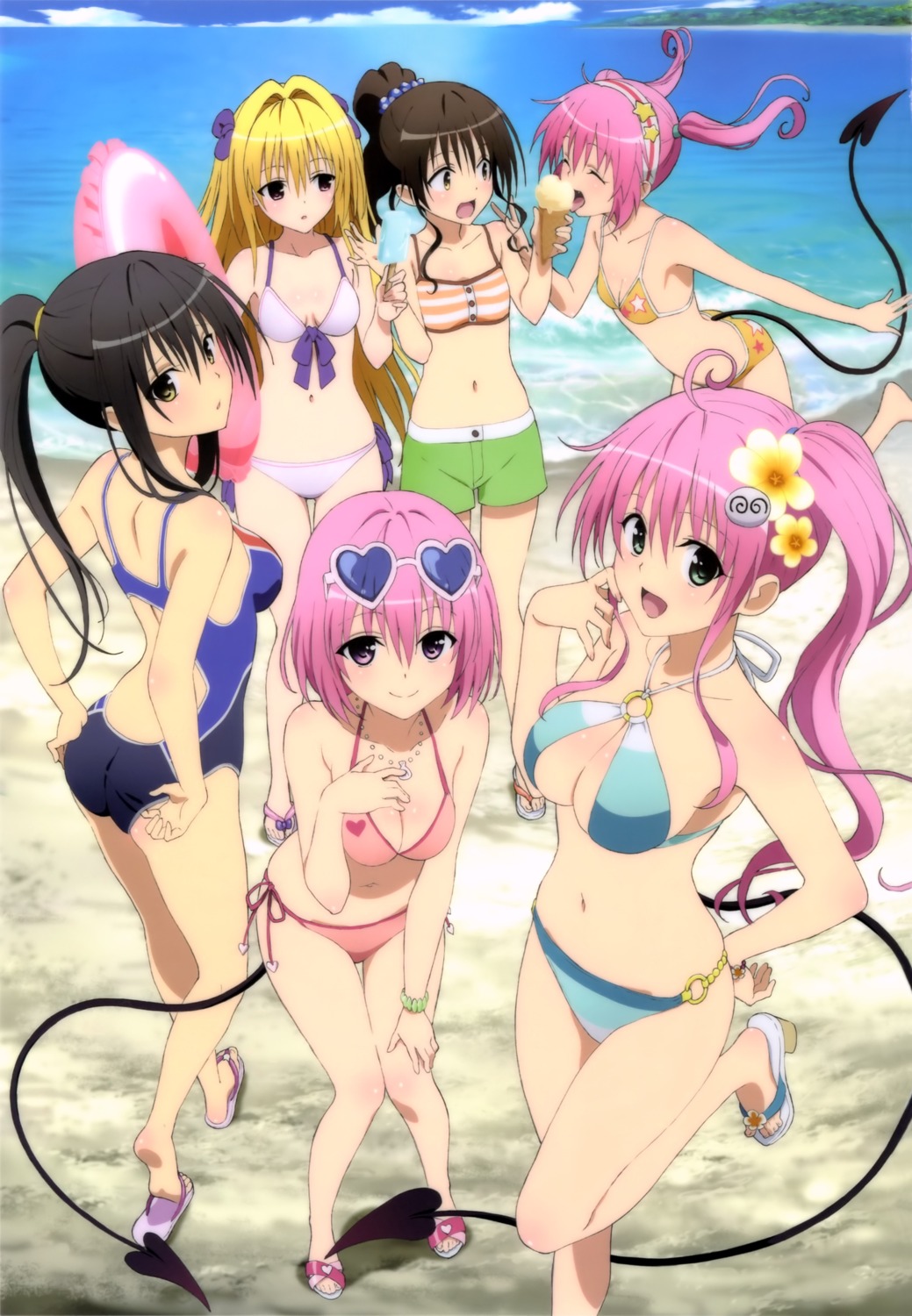 ass bikini breast_hold cleavage golden_darkness kotegawa_yui lala_satalin_deviluke momo_velia_deviluke nana_asta_deviluke swimsuits tail to_love_ru yuuki_mikan