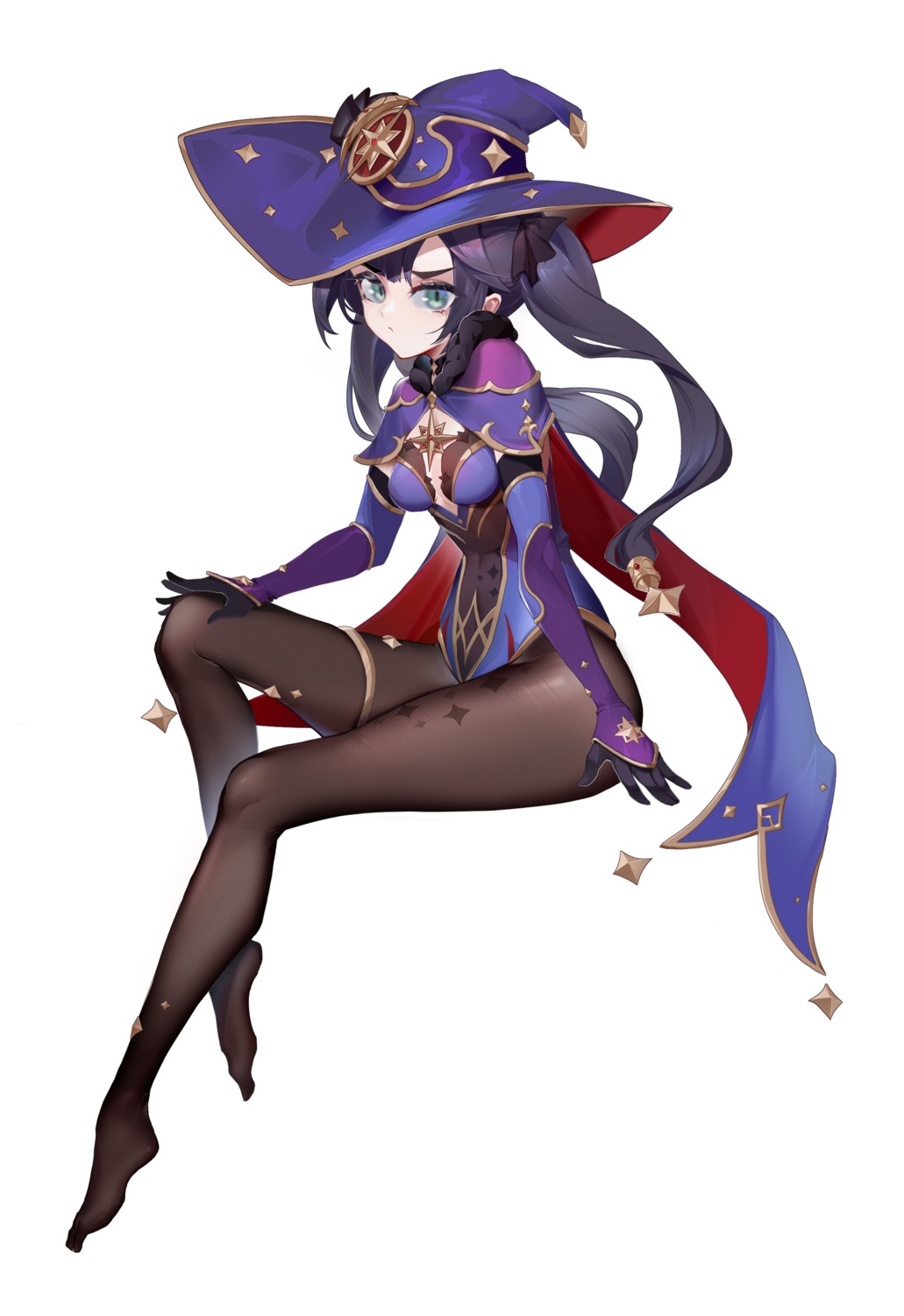 cleavage garter genshin_impact leotard mona_megistus no_bra pantyhose witch wucanming