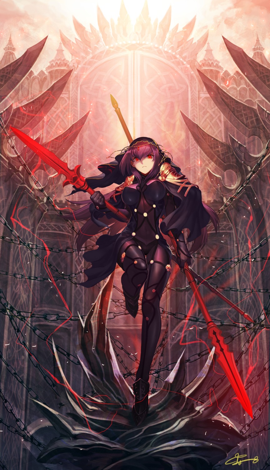 armor bodysuit fate/grand_order nakamura_eight scathach_(fate/grand_order) thighhighs weapon